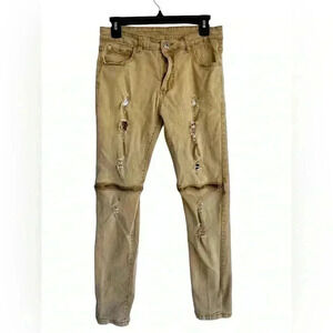 Men’s Tan Distressed Zippered Knees Skinny Slouch Qazel Verrnlon Jeans W32/38L